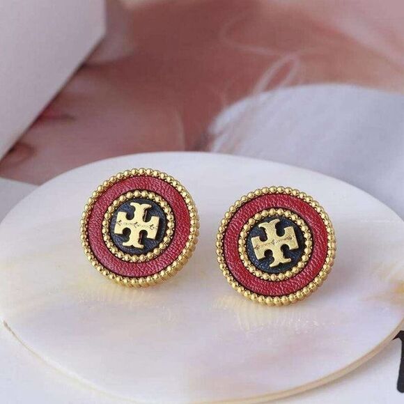 New Tory Burch Gold Logo, Black & Red Enamel Round Stud Earrings - Picture 2 of 7